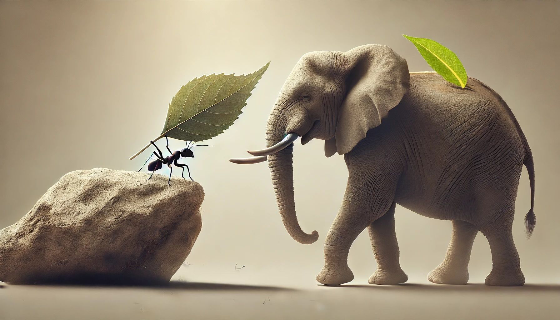 An elephant and an ant carrying a leaf
