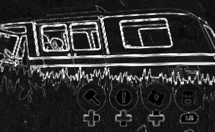 Its difference from the original, amplified six times: black almost everywhere, with bright lines only along the van's outline, the window frames, the blue trim and the grass tips against the red paint.
