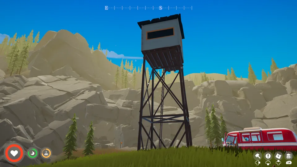 The whole Outbound screenshot: a wooden fire lookout tower on a rocky hillside under a blue sky, a red camper van at the bottom right, round health gauges at the bottom left, a compass strip along the top and button icons at the bottom right.
