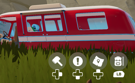 The bottom-right corner of the screenshot in colour: the red van, grass and white button icons.