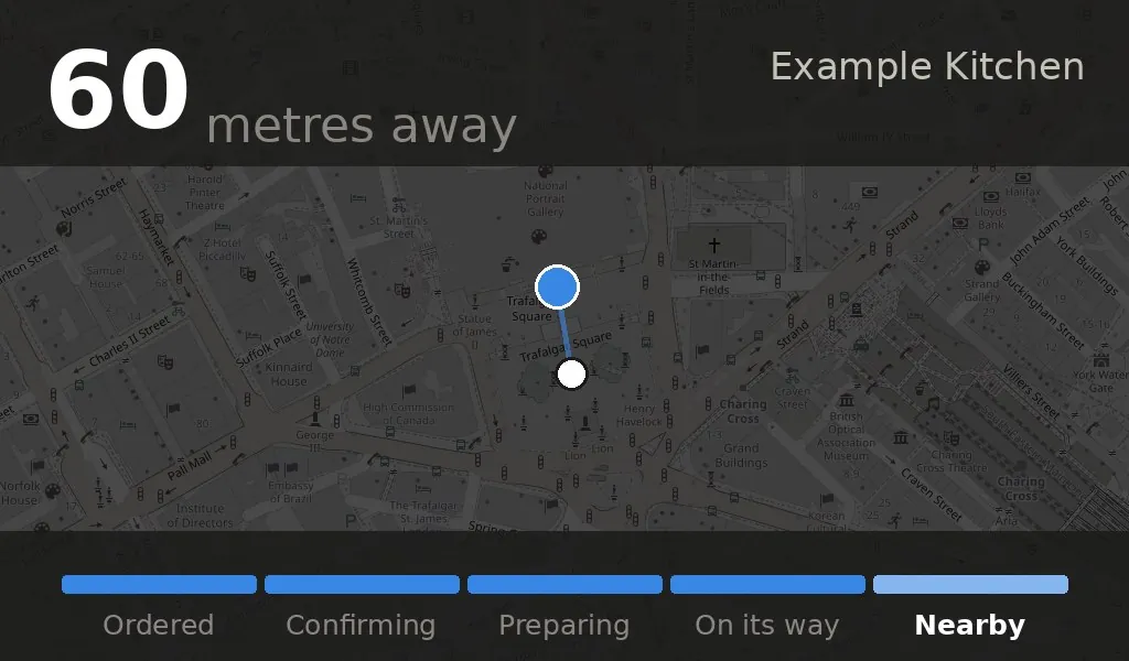 Mock Nest Hub showing a status card: a map, 60 metres away, Nearby